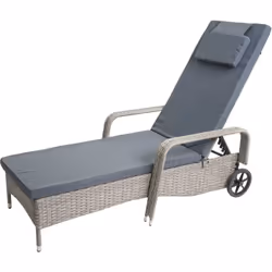 Chaise longue relaxation, transat de jardin bain de soleil, poly rotin gris, housse gris Conception stable grâce au cadre en  ...