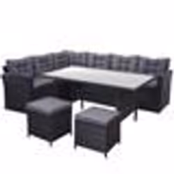 Ensemble complet de salon de jardin terrasse balcon veranda en polyrotin noir coussin gris fonce avec tabouret par 2