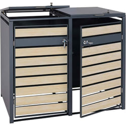 Abri de poubelle en métal pour deux poubelles de 80 à 240 litres anthracite aspect bois d hêtre marron clair MDJ04174