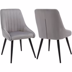 Chaises de salle à manger - Vintage - Lot de 2 - Tissu velours gris - Pieds en métal noir - Accoudoirs