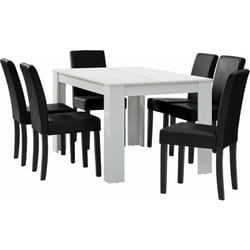 Table à manger blanc mat avec 6 chaises noir cuir synthétique rembourré 140x90 cm