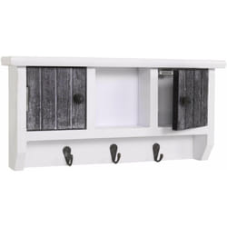 Décoshop26 - Porte-clés meuble d'entrée mural avec portes et étagère en bois massif gris-blanc vieilli 040003588