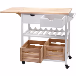 Chariot de service à roulettes cuisine bar porte bouteilles avec tiroirs et caisses rangement bois de pin 89x119x41cm blanc n ...
