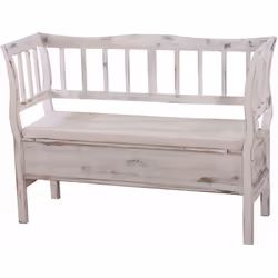 Banc style vintage avec compartiment de rangement et coussin bois blanc vieilli. Housse lavable Housse en tissu : 80 % coton  ...