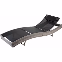 Chaise longue relaxation, chaise longue de jardin, polyrotin gris, housse noir Hauteur réglable sur 5 niveaux Résistant aux U ...