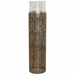 Lanterne de sol bougeoir design romantique en métal avec une surface perforée couleur marron Un cylindre en verre transparent ...