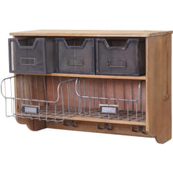 Tagère de cuisine murale design vintage en bois de sapin avec 3 crochets et paniers de rangement 42x60x24cm 040000976