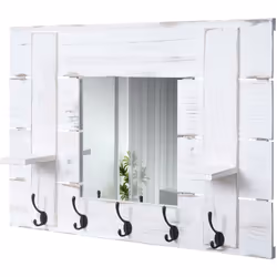 Porte manteau mural avec miroir panneau style vintage 5 crochets 90x60cm en bois blanc Le look shabby rend chaque couloir, co ...