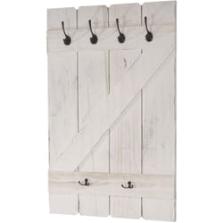 Porte-manteau mural panneau avec 6 crochets 91x60cm en bois blanc vieilli 040001012
