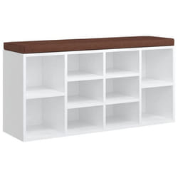 Banc à chaussures - Blanc - 103 x 30 x 48 cm - Bois dingénierie - Tissu rembourré - 10 compartiments