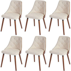 Lot de 6 chaises de salle à manger capitonne design chic en bois noyer et assise en synthetique crème