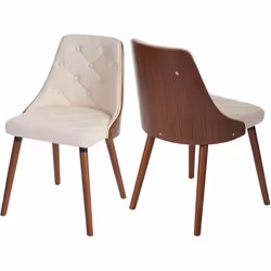 Lot de 2 chaises de salle à manger capitonne design chic en bois noyer et assise en synthetique crème