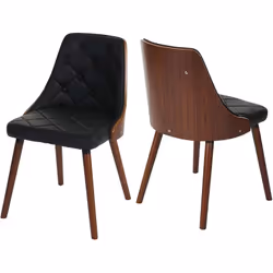 Lot de 2 chaises de salle à manger design chic en bois noyer et assise synthétique noir Dossier en bois courbé Cadre et pieds ...