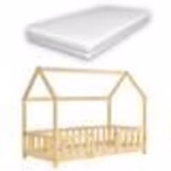 Lit denfant - Maison - 70x140 cm - Bois de pin naturel - Matelas inclus - Grille de protection