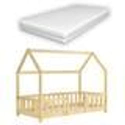 Lit pour enfant - Maison - 80x160 cm - Grille de protection - Bois de pin naturel - Matelas inclus