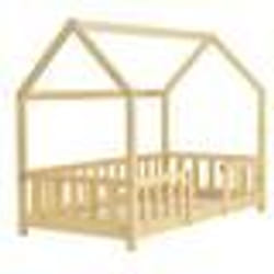 Lit pour enfant cabane maison avec barriere et sommier a lattes en bois de pin naturel 70 x 140 cm 03_0005487