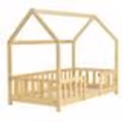 Lit pour enfant cabane maison avec barrière et sommier à lattes en bois de pin naturel 80 par 160 - Beige