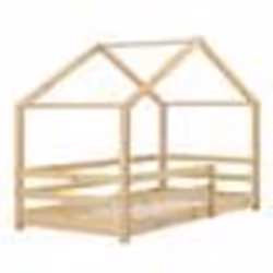 Lit denfant - Naturel - Cabane en bois de pin - 70x140 cm - Sécurisé avec barrière - Montage facile