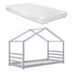 Lit cabane enfant - Maison - Pin gris - Matelas inclus - 1 place - Montage facile