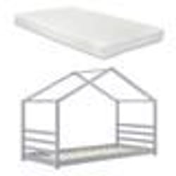 Lit cabane enfant - Maison - Pin gris - Matelas inclus - 1 place - Montage facile
