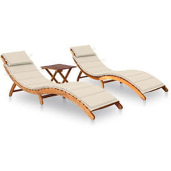 Lot de 2 transats chaise longue bain de soleil lit de jardin terrasse meuble d'extérieur avec table et coussins acacia solide