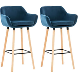 Lot de 2 tabourets de bar en velours bleu pieds en bois avec repose-pieds et accoudoirs style rétro moderne TDB10283