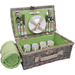 Décoshop26 - Panier pique-nique pour 4 personnes panier en osier acier inoxydable porcelaine gris-vert DIV04030