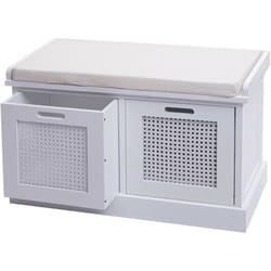 Décoshop26 - Banc banquette en bois de paulownia blanc et mdf avec coussin blanc boites de rangement 47x75x40cm BAN04054