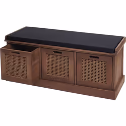 Banc banquette en bois de paulownia marron et MDF avec coussin noir boites de rangement 47x110x40cm Avec deux compartiments d ...