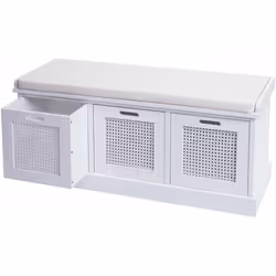 Banc banquette en bois de paulownia blanc et MDF avec coussin blanc boites de rangement 47x110x40cm Avec deux compartiments d ...