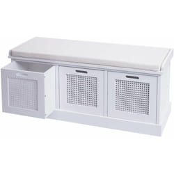 Banc banquette en bois de paulownia blanc et mdf avec coussin blanc boites de rangement 47x110x40cm BAN04052