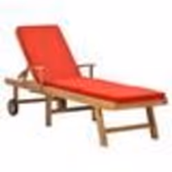 Transat chaise longue - Teck - Rouge - Dossier réglable - Repose-pieds ajustable - Table coulissante