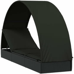 Helloshop26 - Transat chaise longue bain de soleil lit de jardin terrasse meuble d'extérieur avec toit rond noir 211x57x140 cm résine tressée