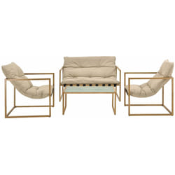 Salon de jardin table basse avec canapé et chaises extérieures en acier avec coussins oléfines et plateau de table en verre imitation bois kaki