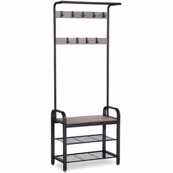 Ce meuble d’entrée est esthétique et fonctionnel. Ce vestiaire à la surface marron noisette et au cadre noir propose un mélan ...