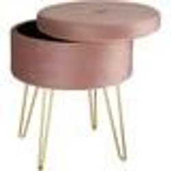 Tabouret - Non spécifié - Pouf rond - Velours rose - Rangement intégré - Pieds dorés