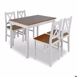 Ensemble table salle a manger 108 cm salon en bois de pin + 4 chaises blanc et marron