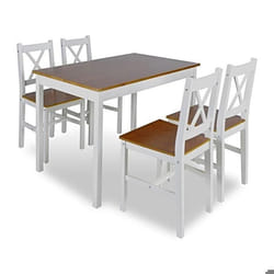 Ensemble table salle a manger 108 cm salon en bois de pin + 4 chaises blanc et marron
