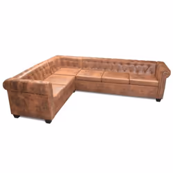 Canapé dangle - Chesterfield - 6 places - Cuir artificiel marron - Élégance - Réversible