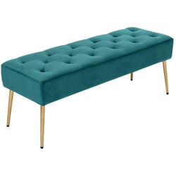 Banc banquette rembourré capitonné en tissu velours bleu pétrole pieds métal doré BAN09009