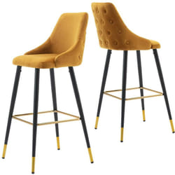 2x tabourets de bar en velours jaune avec dossier capitonné et repose-pieds métal noir et or TDB09206