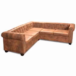 Canapé dangle - Chesterfield - 5 places - Cuir artificiel marron - Élégance - Confort moelleux