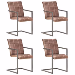 Chaises de salle à manger - Design Rétro - Lot de 4 - Cuir Véritable - Marron - Métal