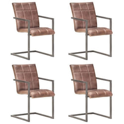 Chaises de salle à manger - Design Rétro - Lot de 4 - Cuir Véritable - Marron - Métal