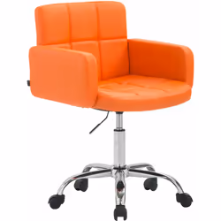 Chaise de bureau sur roulettes avec dossier et accoudoirs. Assise et dossier rembourrés en synthétique orange Piétement en mé ...