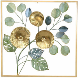 Décoshop26 - Décoration murale motif feuille & fleur en métal vert et or 50x5x50 cm DEC05079
