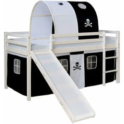Lit mezzanine pour enfant avec sommier toboggan tunnel rideau modèle noir pirate 90x200 cm LIT06196