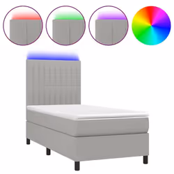 Cadre de lit - LED - 90x190 cm - Tissu gris clair - 1 place - Sommier et matelas inclus