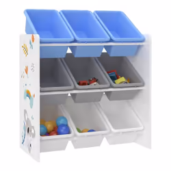 etagere de rangement pour enfant avec 9 bacs ouverts blanc / gris / bleu