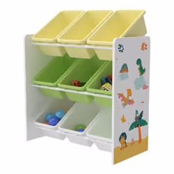 etagere de rangement pour enfant avec 9 bacs ouverts blanc / vert / jaune